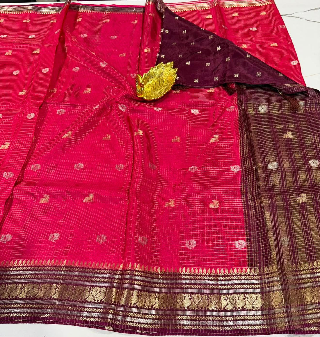 VKC2149- Meganta pink with wine Brdr- Vintage Kanchi Small Brdr saree