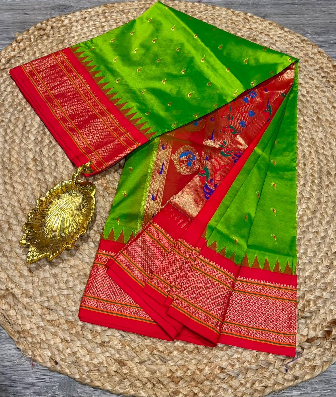 LD-N9 Parrot green n red saree Narayanapet semi pattu  muniya butta