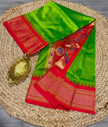 LD-N9 Parrot green n red saree Narayanapet semi pattu  muniya butta