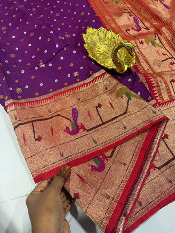 B-5400 Purple Colour Bandini Crepe Paithani borders saree