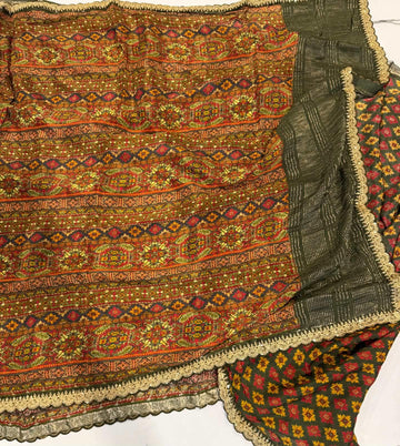 LD-37 chinon crape scalop boarders dark green n multi colour saree