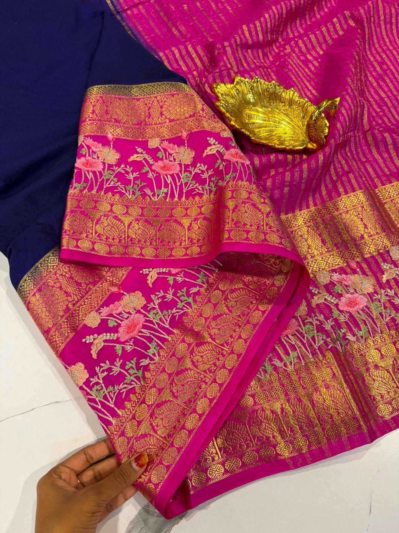 LD-M2 navi blue & pink semi Mysore saree