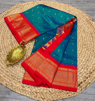LD-N9 Krishna Blue n Red saree Narayanapet semi pattu muniya butta