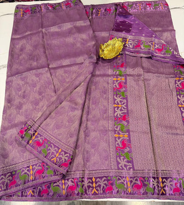 T-2998 Lilac colour banaras tissue Mashru borders saree