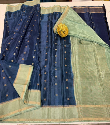 HC -2400 Peacock blue n sage colour Banaras viscous crep saree