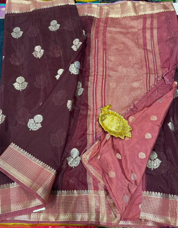 KB-1750 Brown n onion pink colour Banaras vintage kota saree
