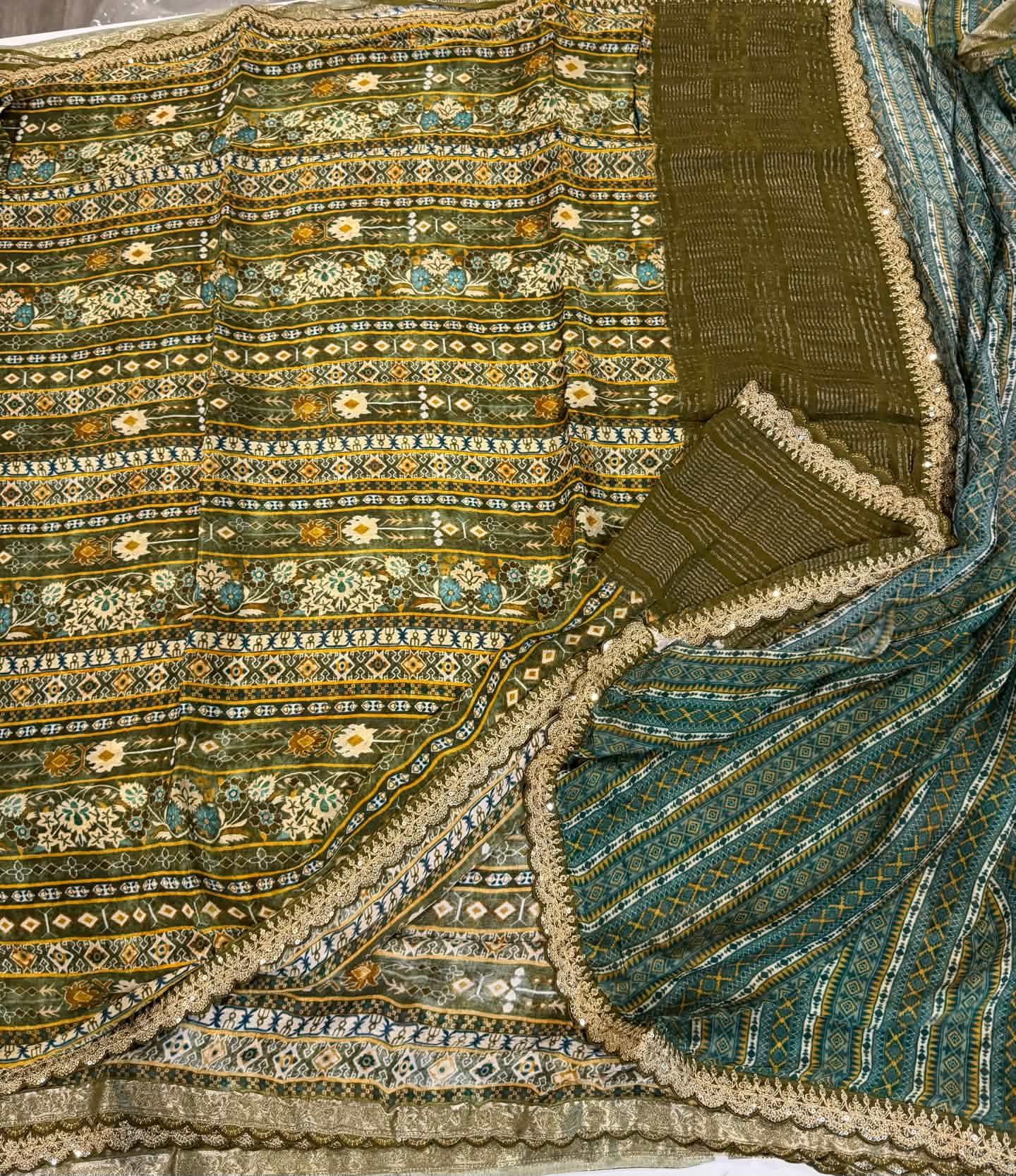 LD-37 chinon crape scalop boarders mehendi green saree