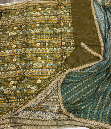 LD-37 chinon crape scalop boarders mehendi green saree