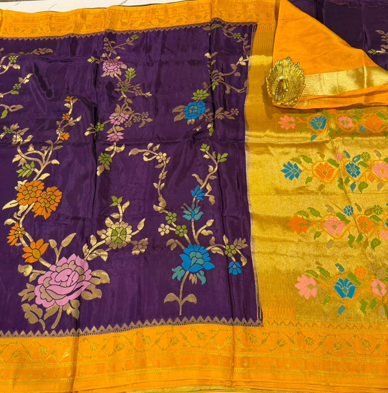 GM-3399 Violet n yellow colour green mango Jamdani saree