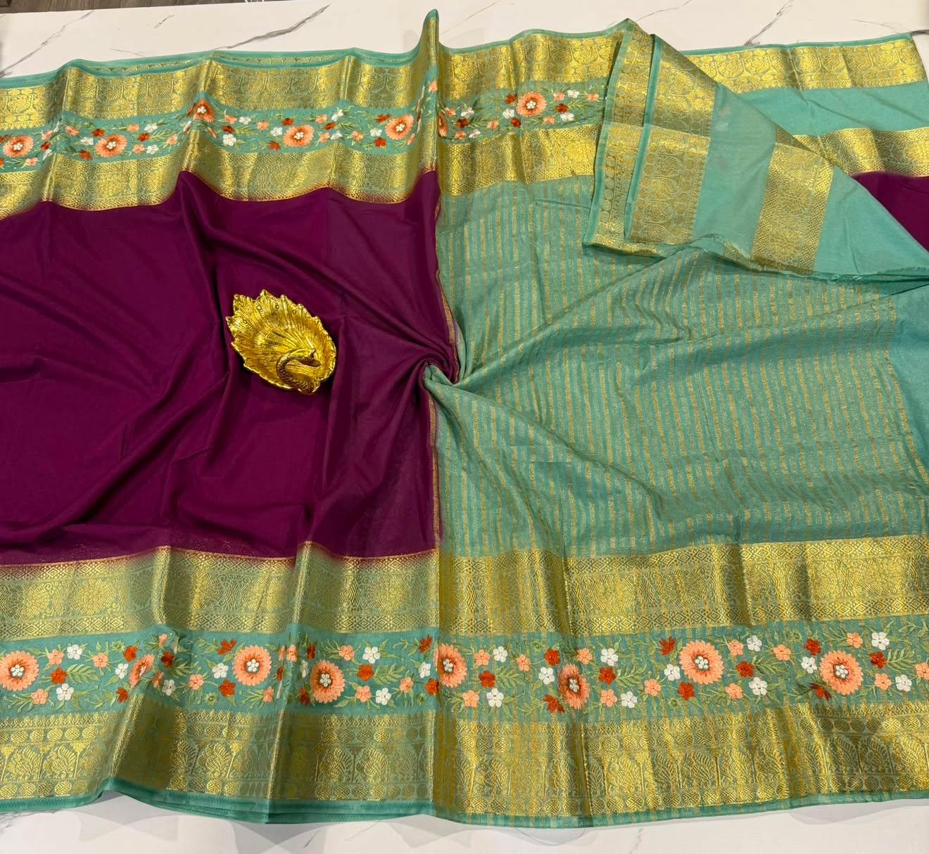 LD-M2 wine & powder blue semi Mysore saree