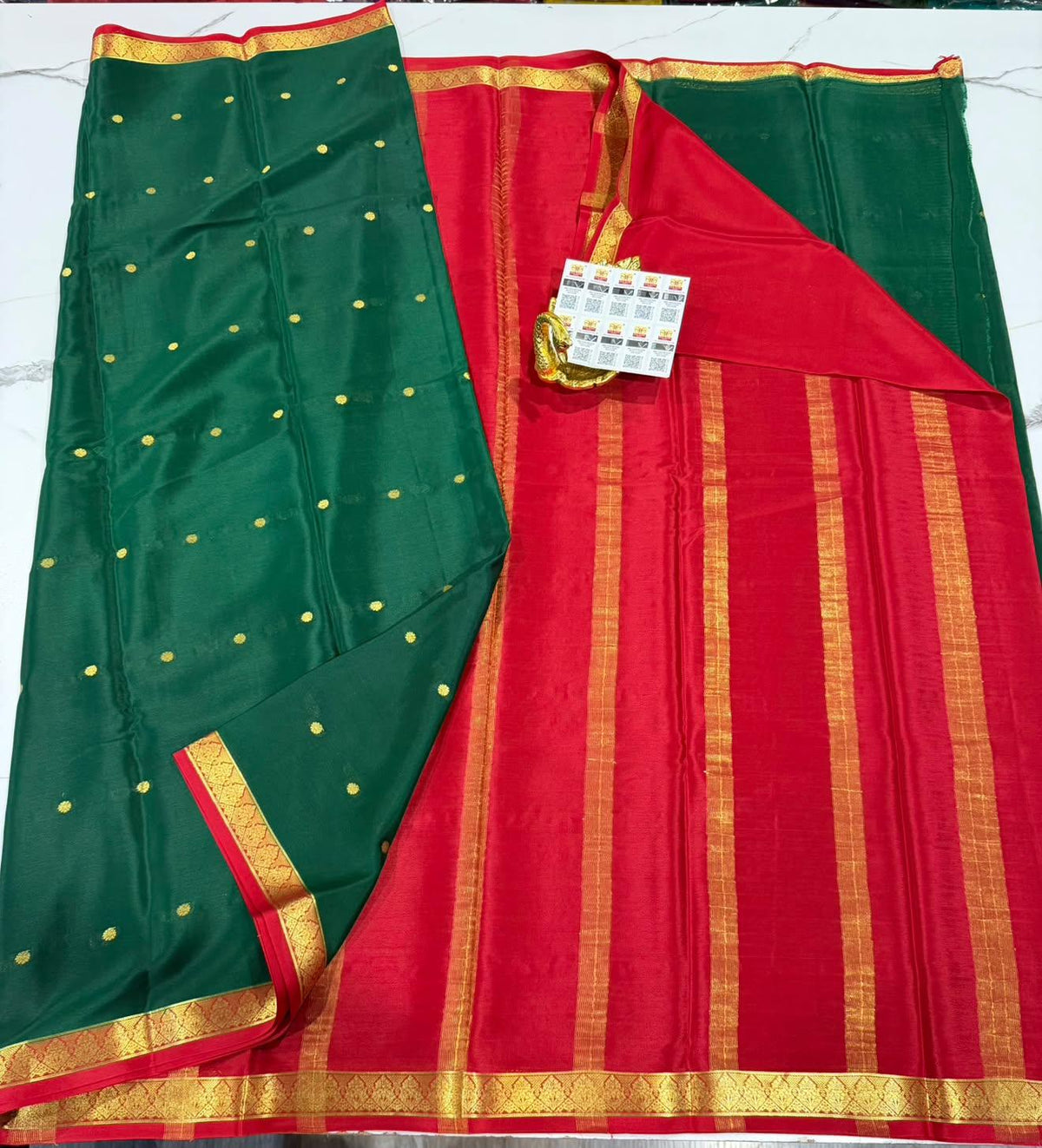 M-76 Dark green n red colour pure Mysore crep saree