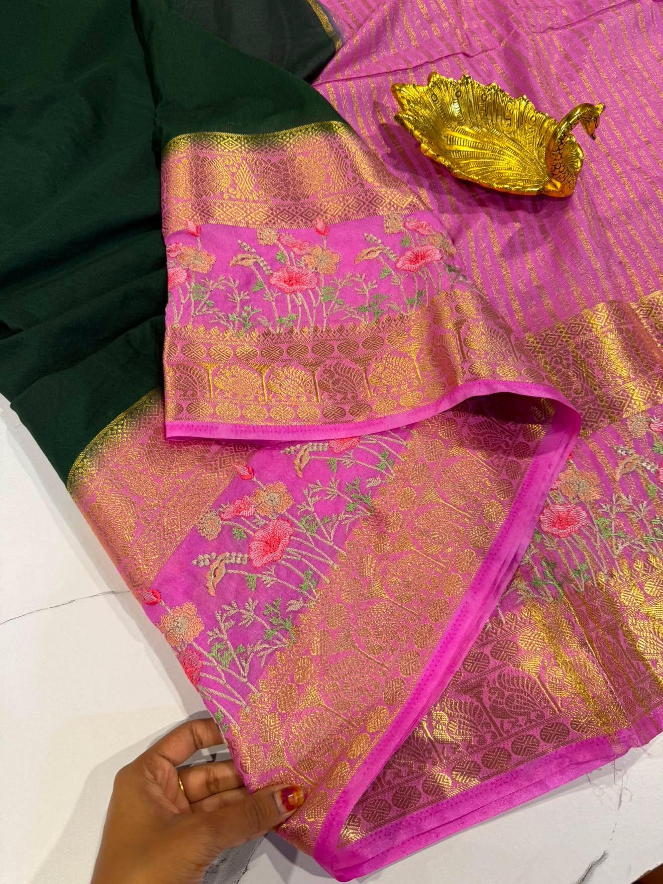LD-M2 green  & pink semi Mysore saree