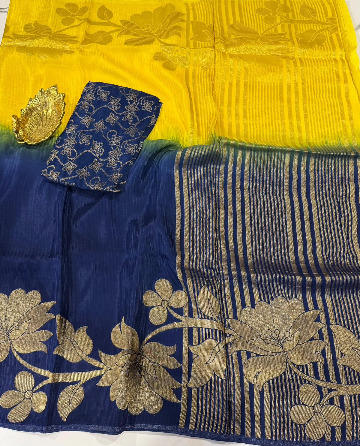 2W-2350 Yellow nd Navy blue colour Mysore ho Crepe saree