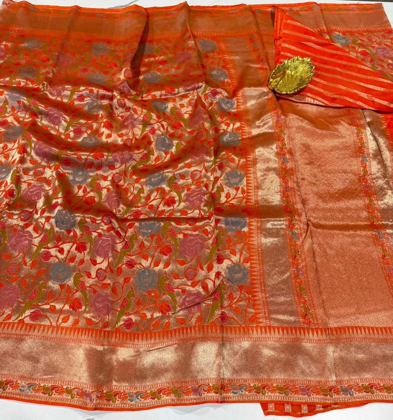 Ts-4600 Orange colour Tussar tissue parrots saree