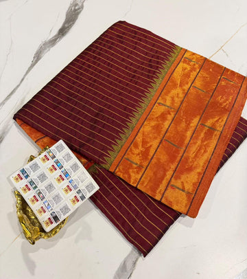 3mp Maroonish brown colour Muniya Paithani pure silk sarees