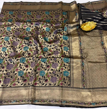 Ts-4600 Black colour Tussar tissue parrots saree