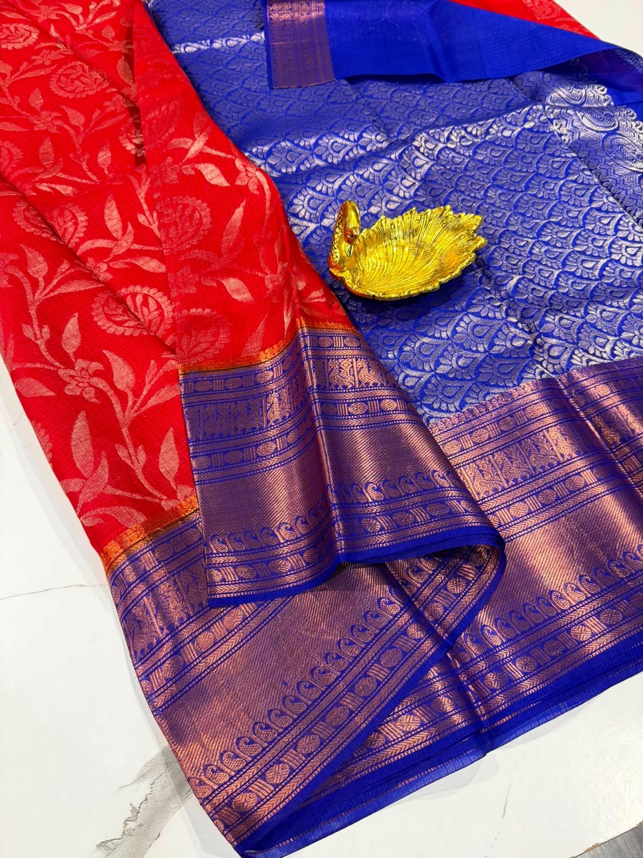 Dp-5900 red & blue dupion pattu