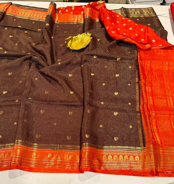 VKC2149-Brown with Orange small brdr sarees-Vintage Kanchi checks sarees