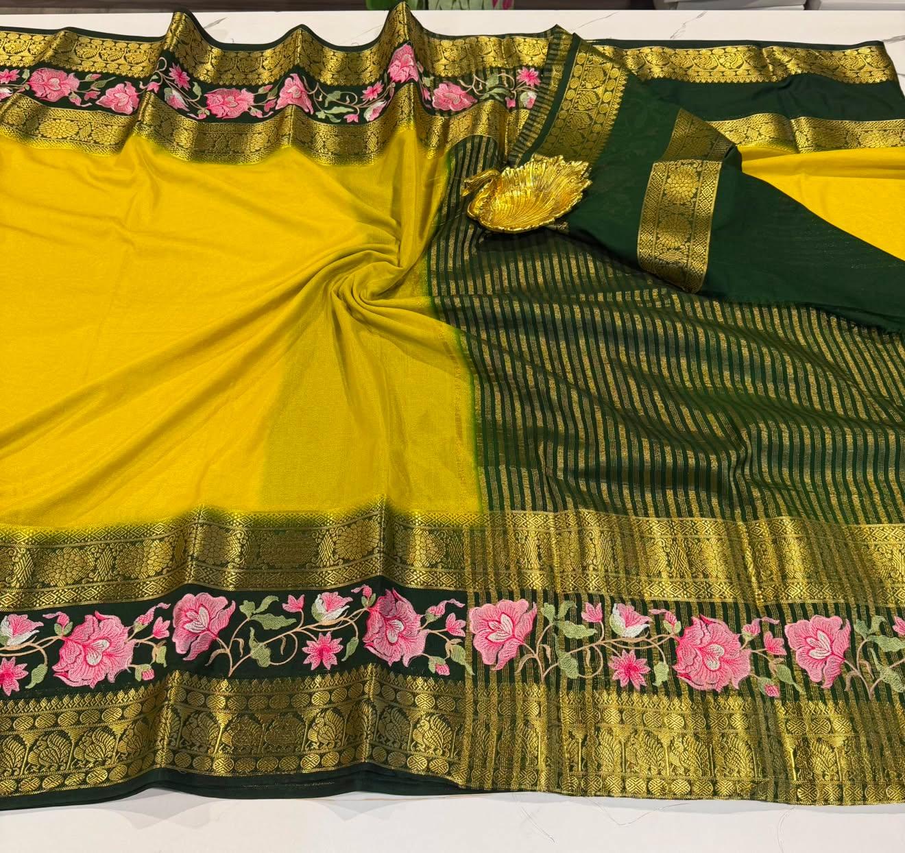 LD-M2 yellow & green boarder sarees semi Mysore sarees