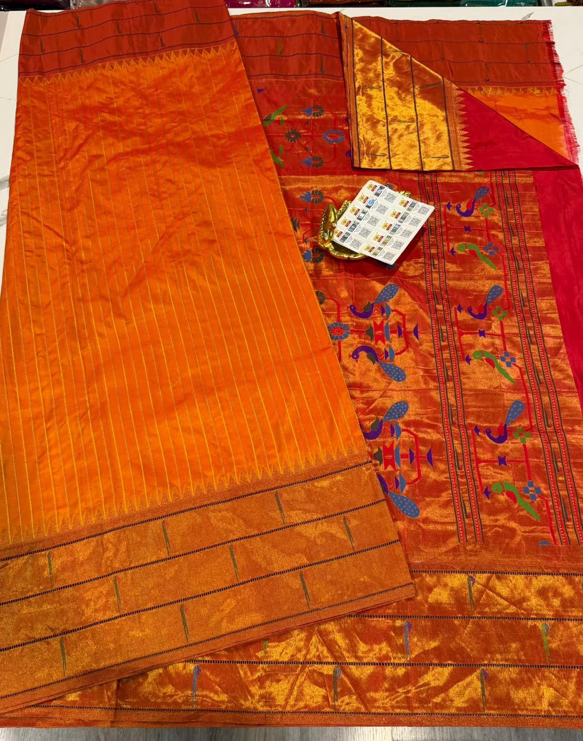 3mp Rust orange colour Muniya Paithani pure silk sarees