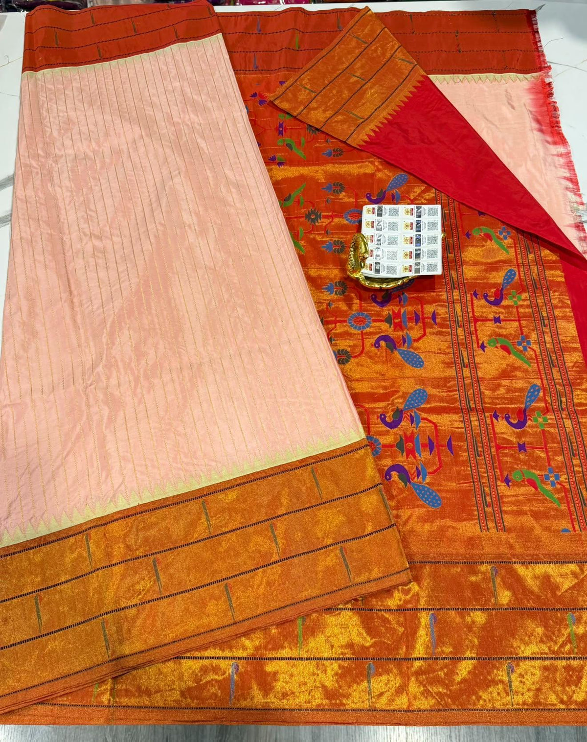 3mp Peachish pink colour Muniya Paithani pure silk sarees