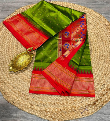 LD-N9 Light mehendi green n Red saree Narayanapet semi pattu muniya butta