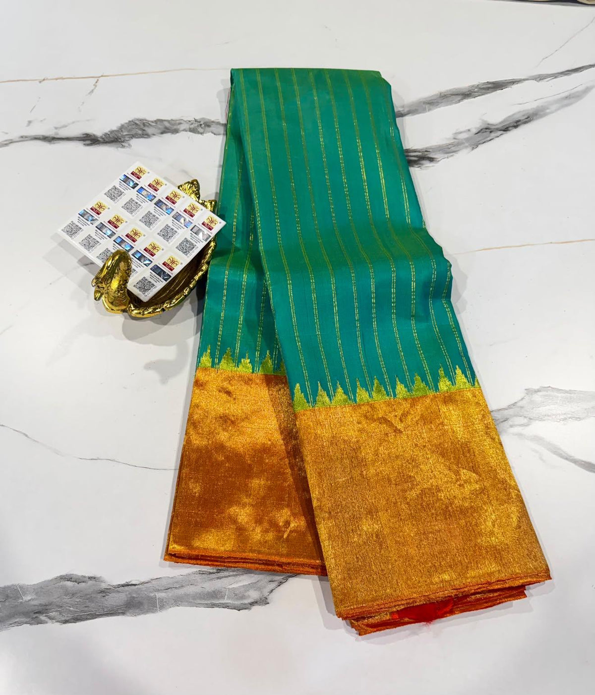 GA-14 Sea green n orange colour Pure silk handloom Gadwal borders sarees