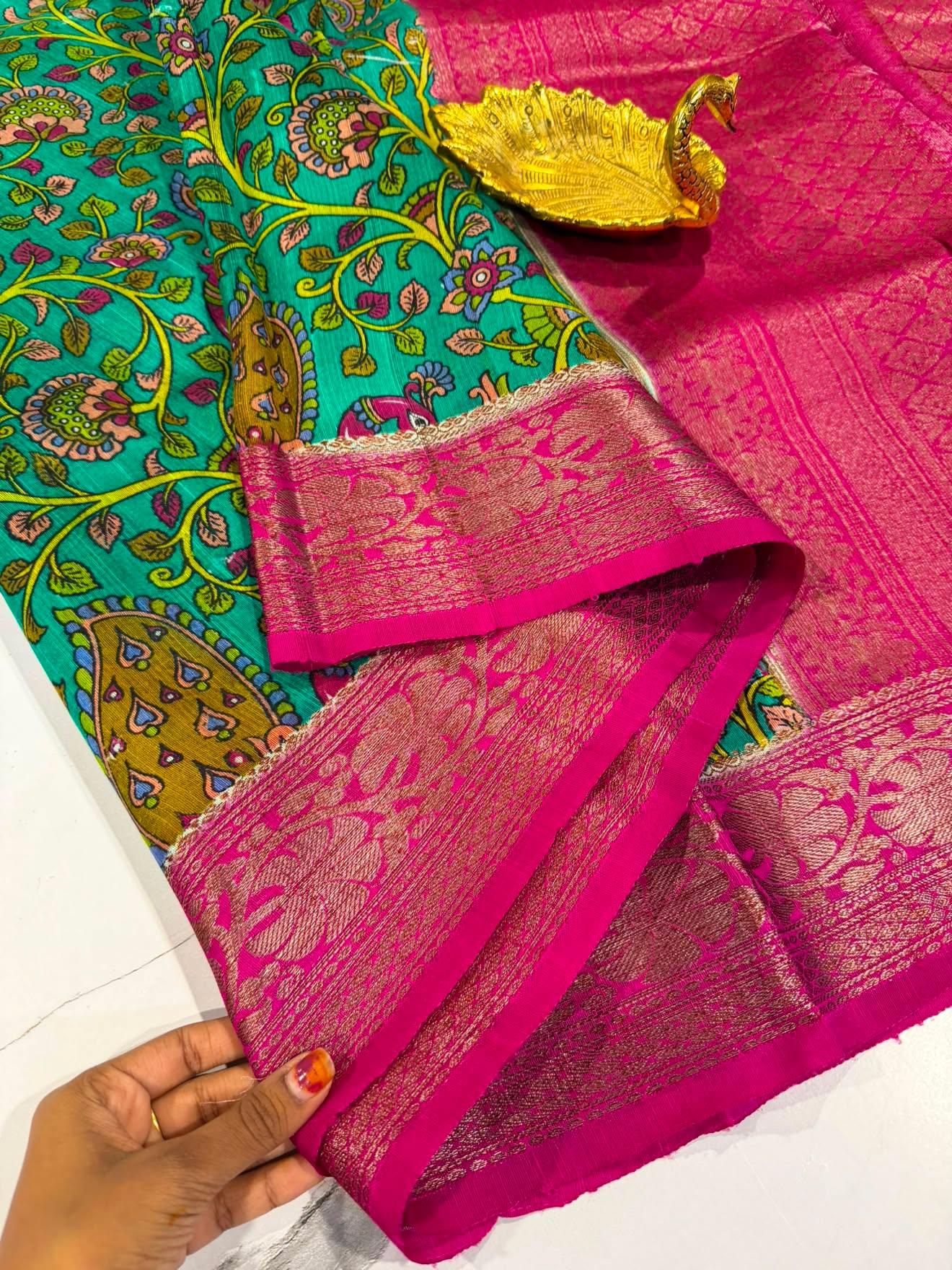 Dp-5900 sea blue & pink dupion pattu