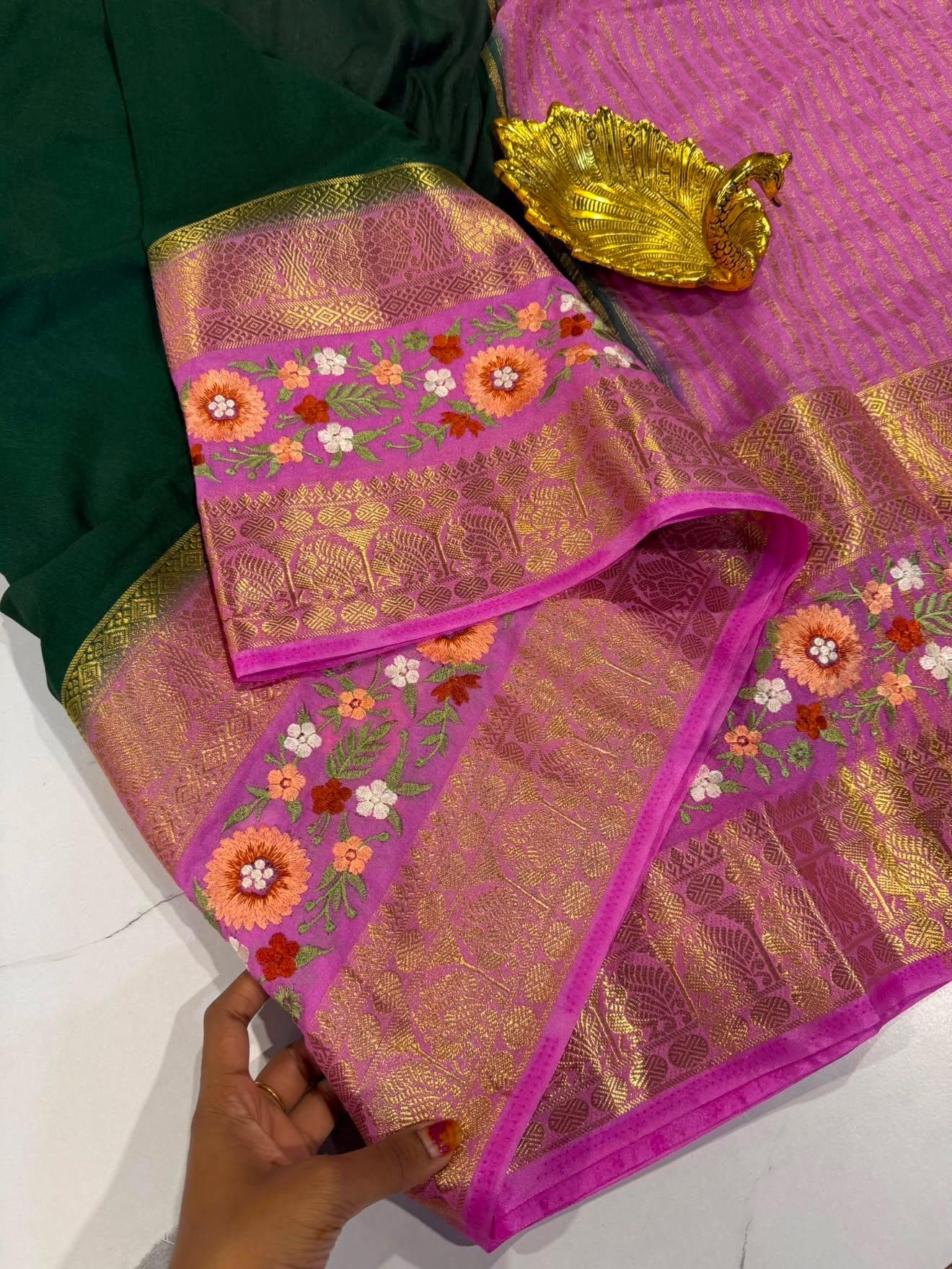 LD-M2 green  & pink semi Mysore saree