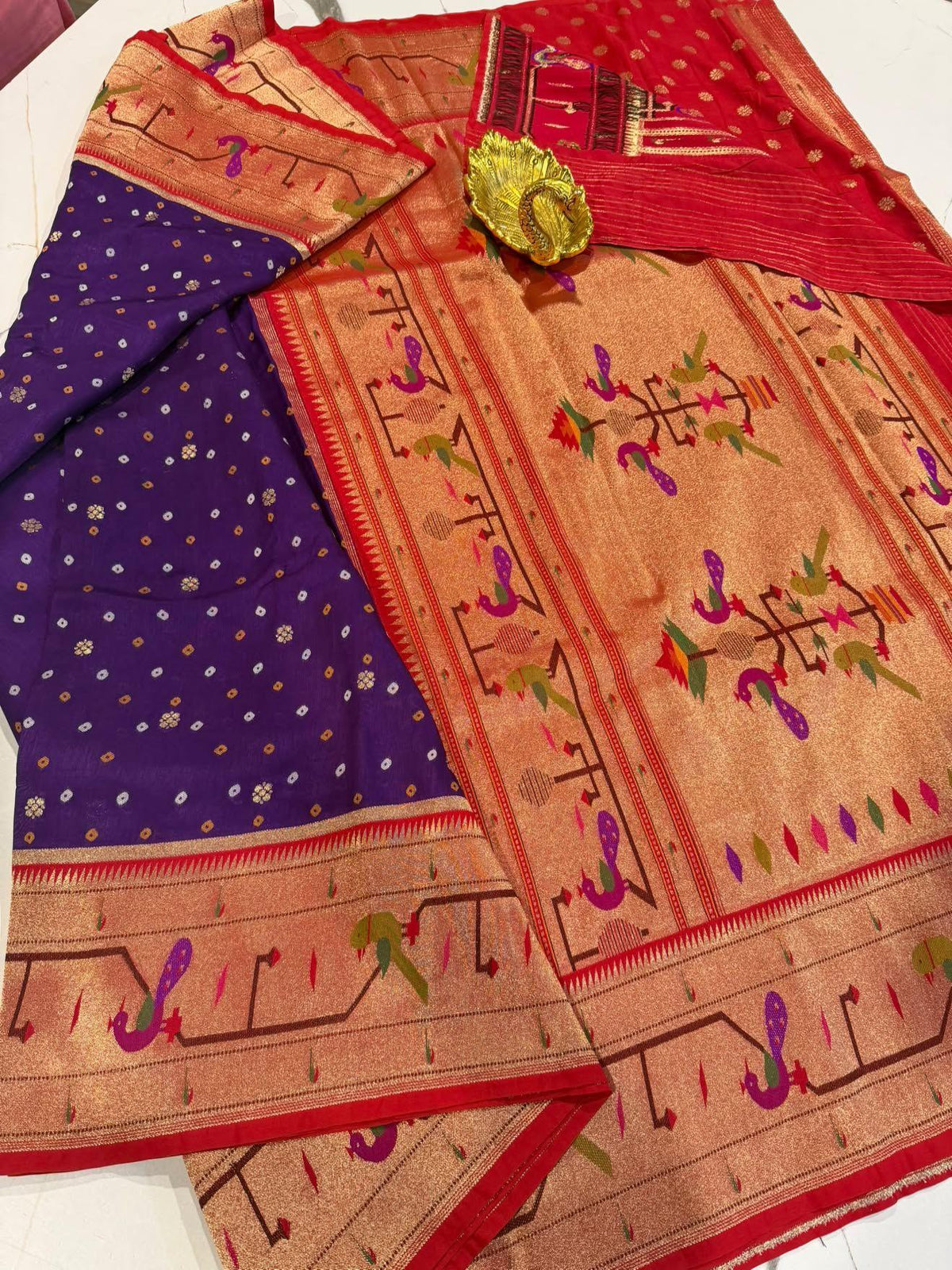 B-5400 Brinjal Colour Bandini Crepe Paithani borders saree