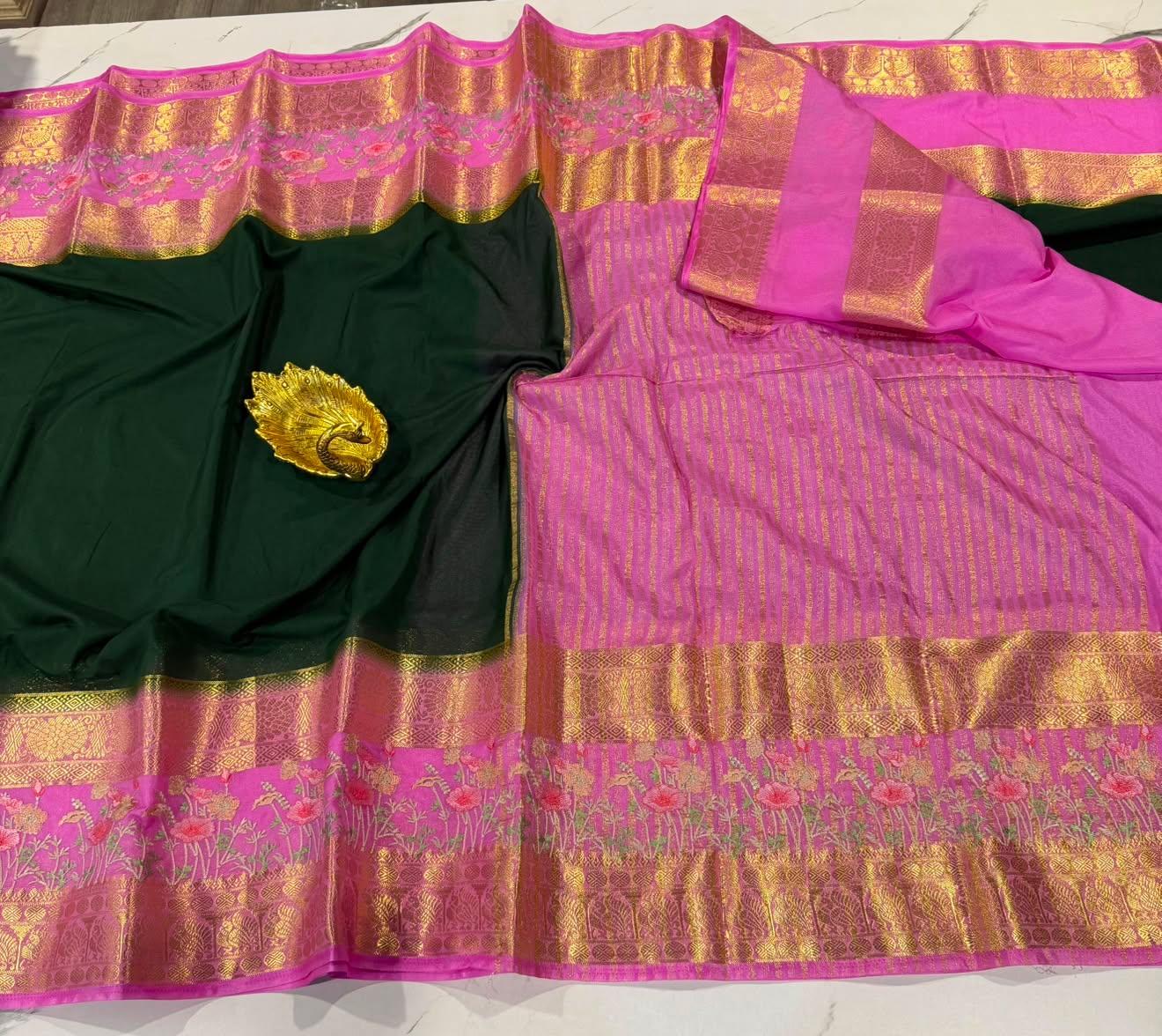 LD-M2 green  & pink semi Mysore saree