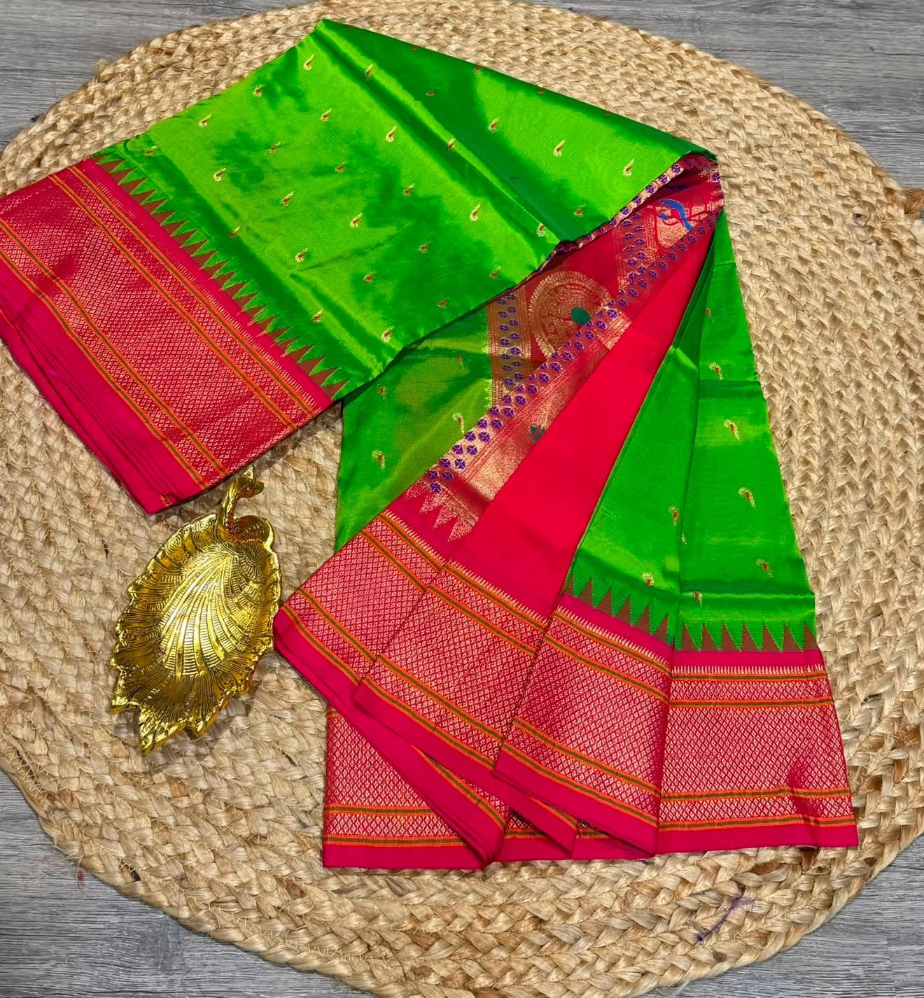 LD-N9  Parrot green n  Pink saree Narayanapet semi pattu  muniya butta
