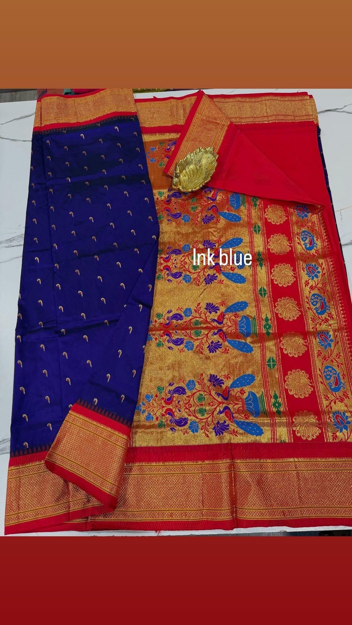 LD-N9 ink blue n red saree Narayanapet semi pattu  muniya butta