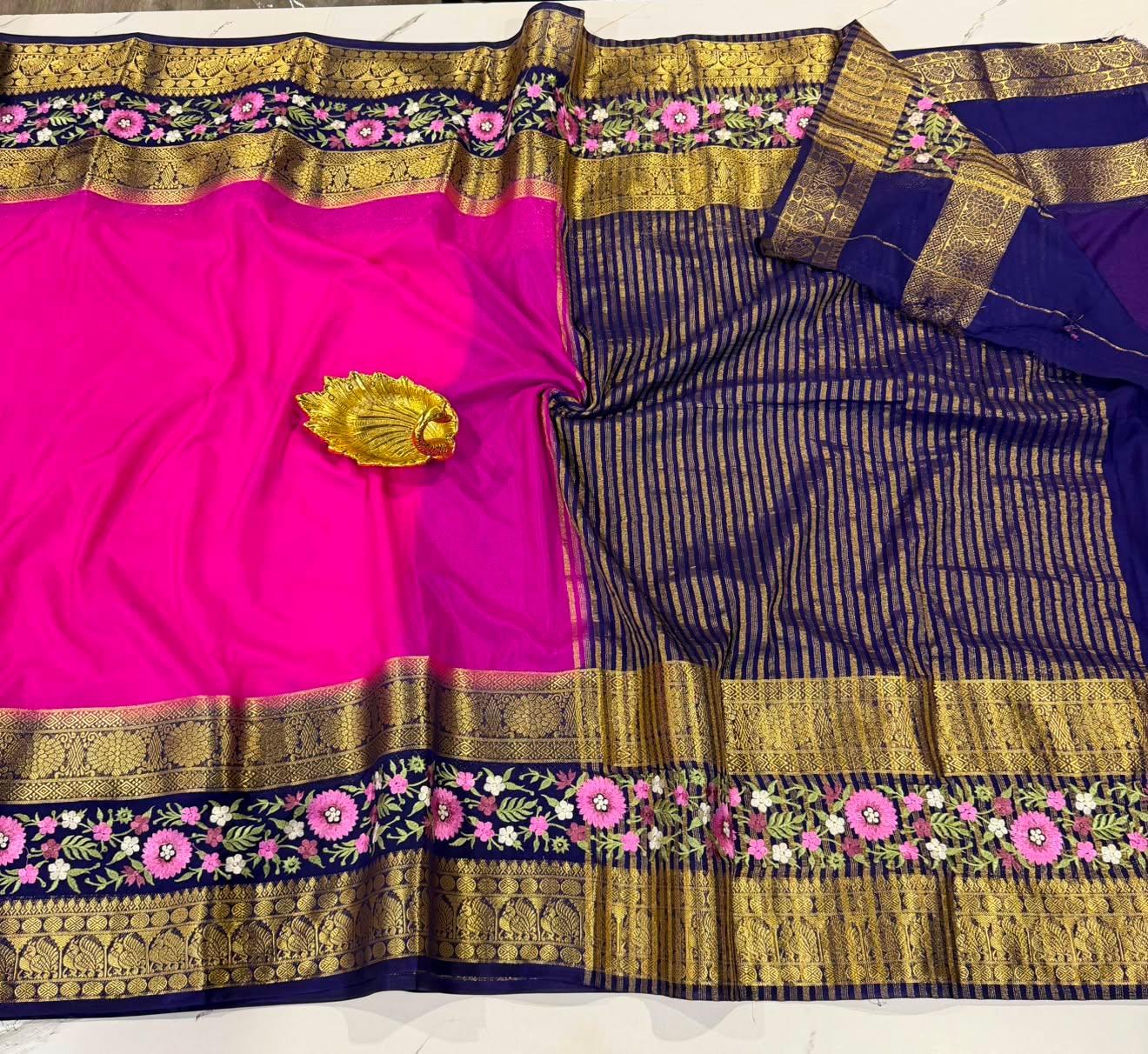 LD-M2 pink & naviblue semi Mysore saree