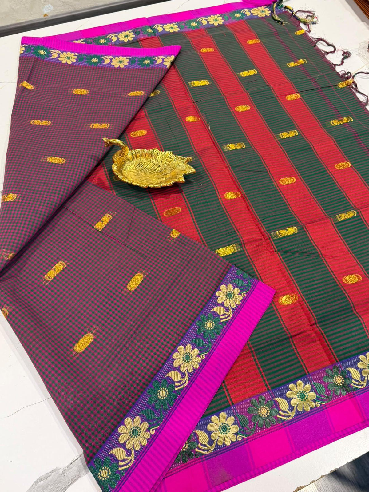 KC-950 pink n Green kanchi cotton saree