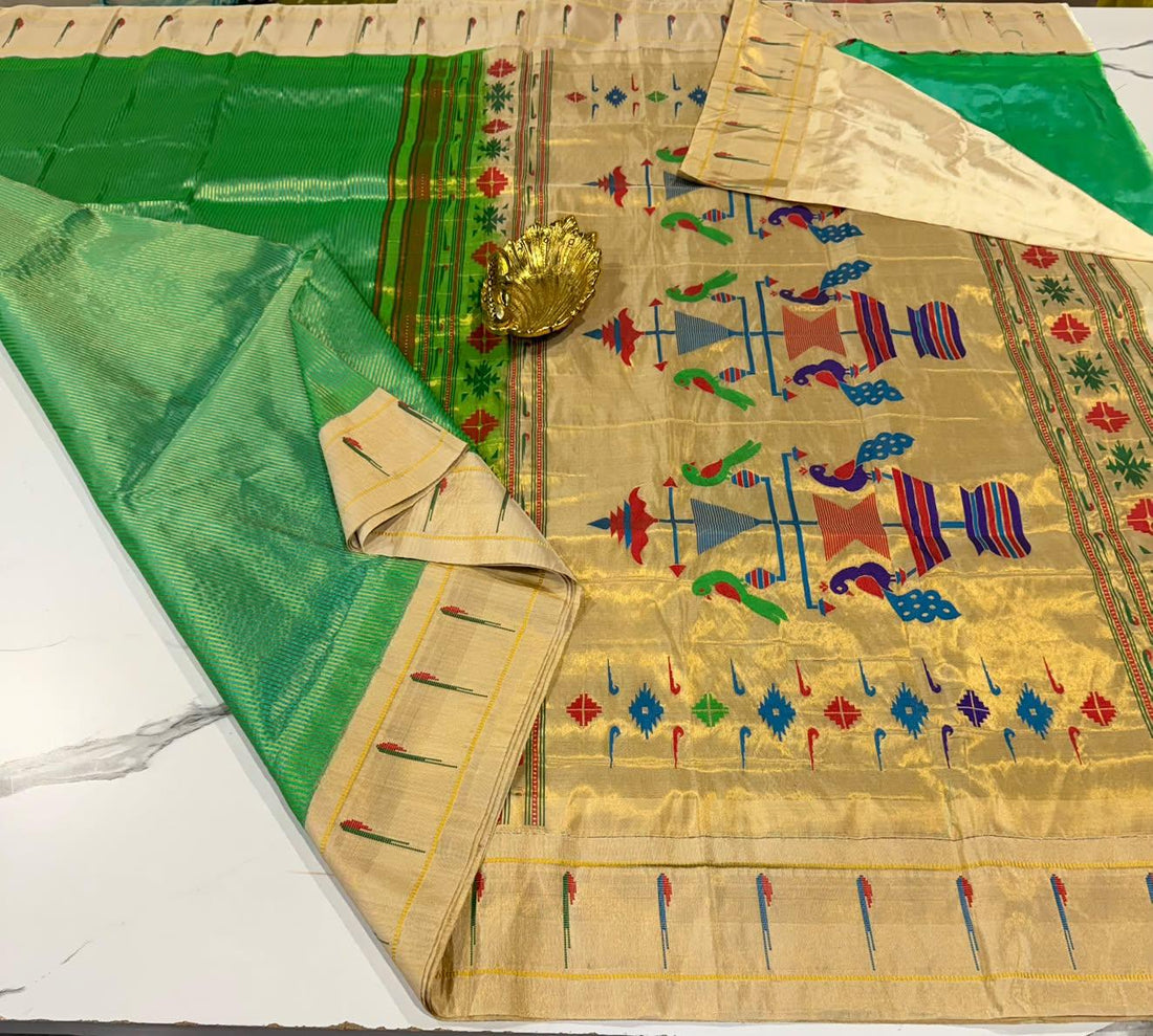 H-14 Sea green colour paithani pure silk single muniya saree