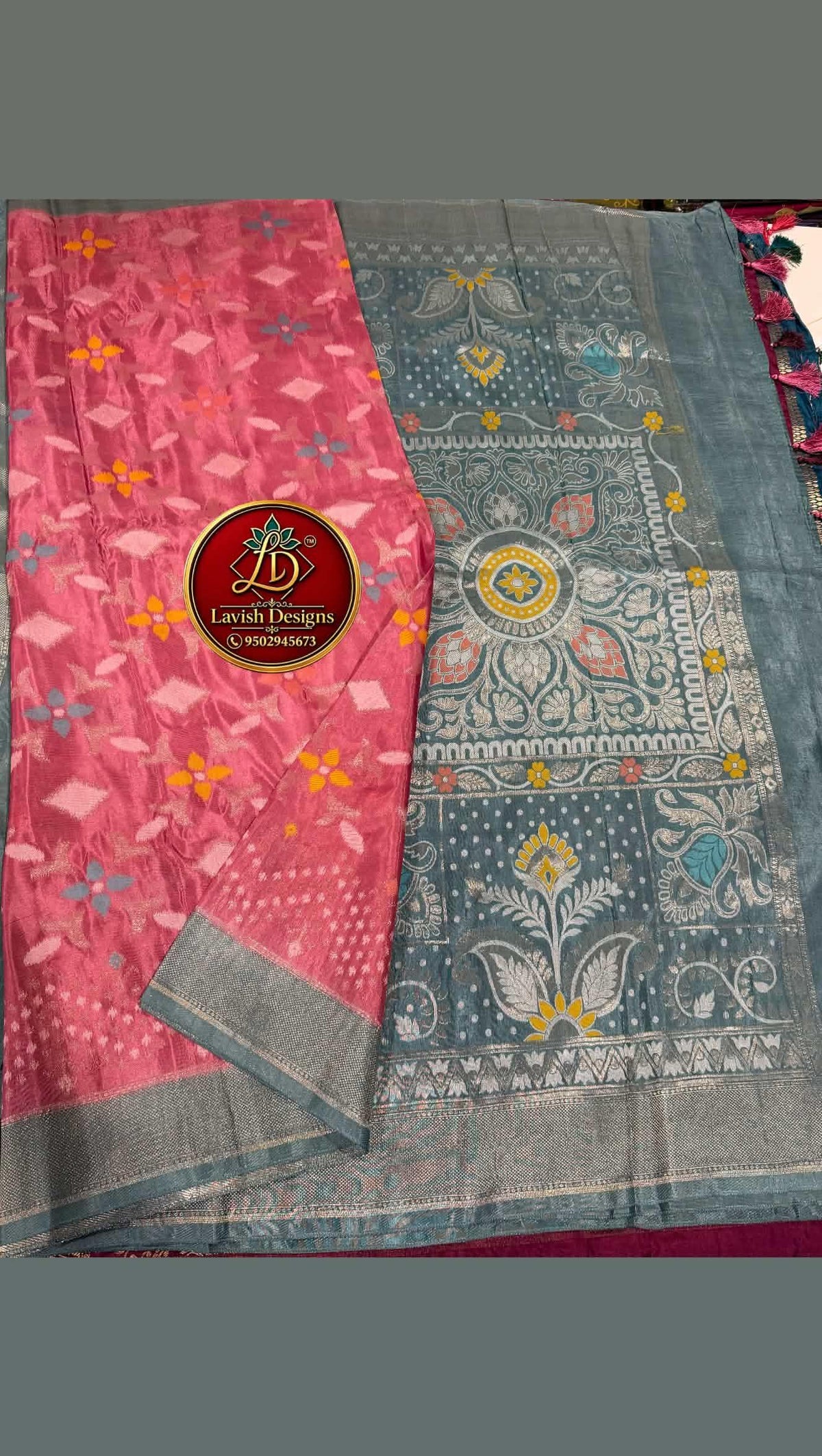 PV-33 Peachish pink n sage colour Ikkat designer viscous crepe sarees