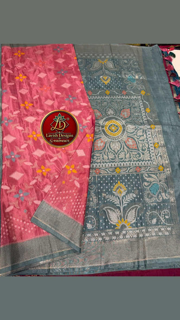 PV-33 Peachish pink n sage colour Ikkat designer viscous crepe sarees