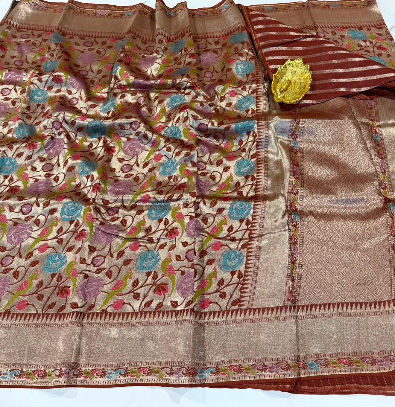 Ts-4600 Brown colour Tussar tissue parrots saree