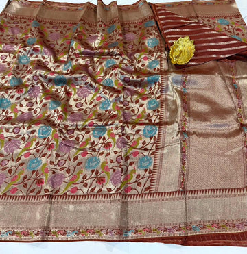Ts-4600 Brown colour Tussar tissue parrots saree