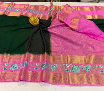 LD-M2 dark green & light pink sarees semi mysore sarees