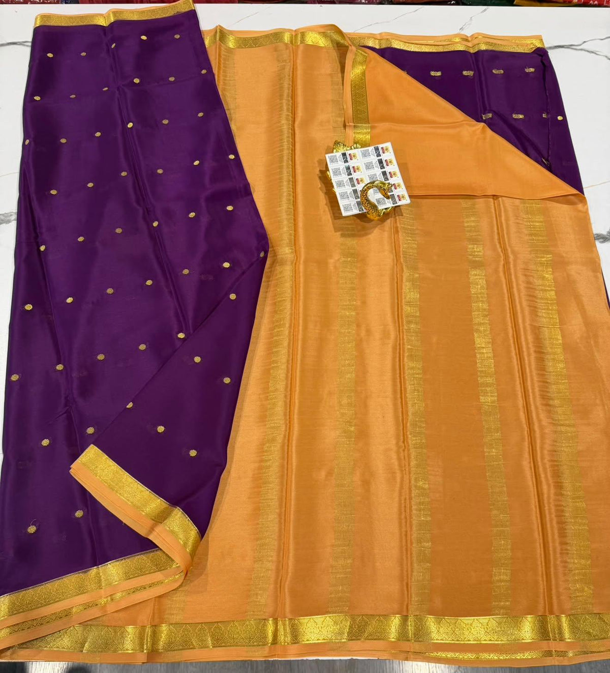 M-76 Wine n peach colour pure Mysore crep saree