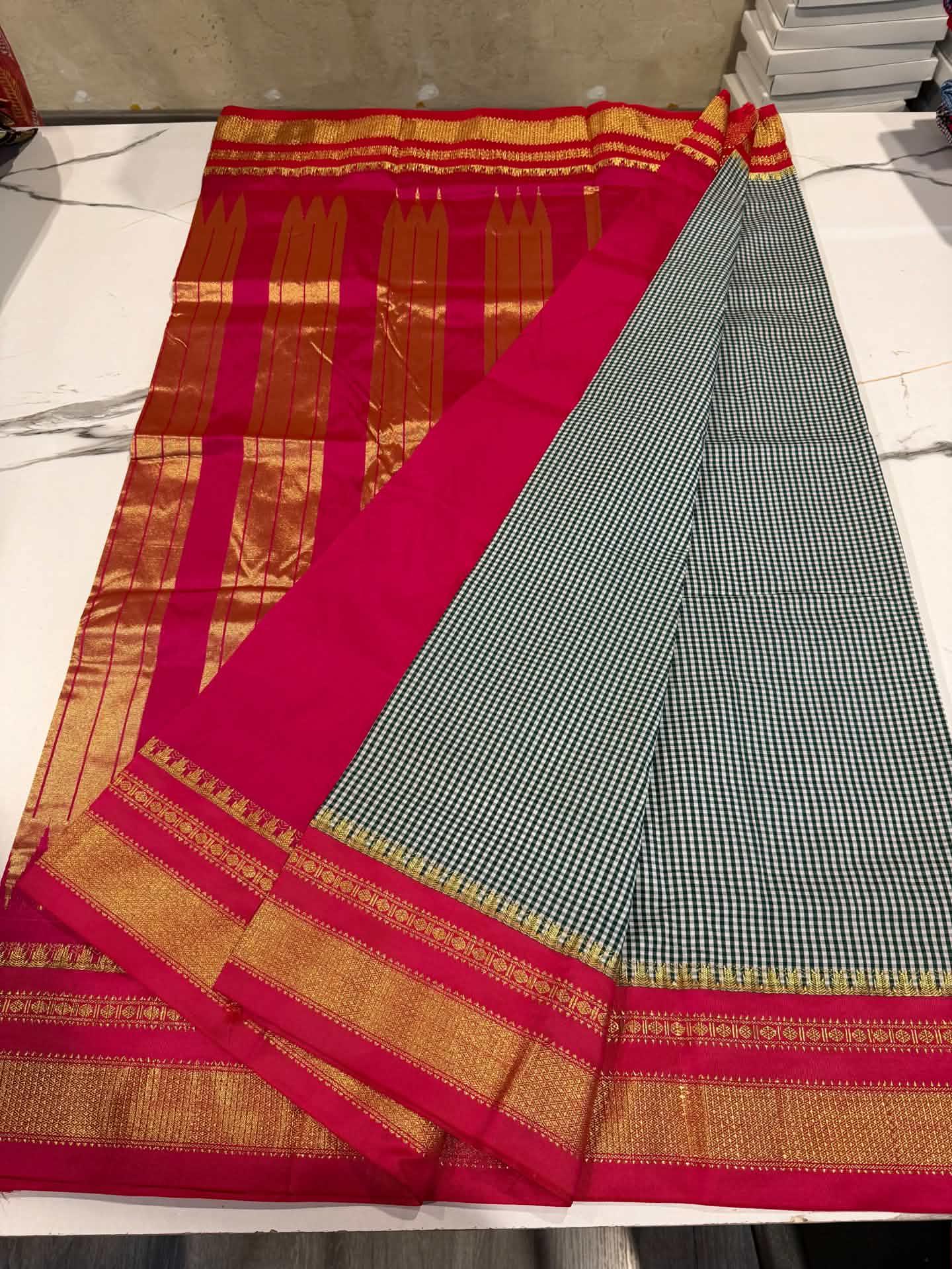 LD-N22 narayanapeta checks sarees dark green and pink saree