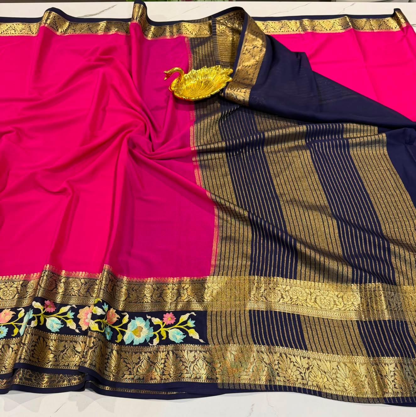 LD-M2 pink & navi blue boarder sarees semi Mysore sarees