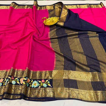 LD-M2 pink & navi blue boarder sarees semi Mysore sarees