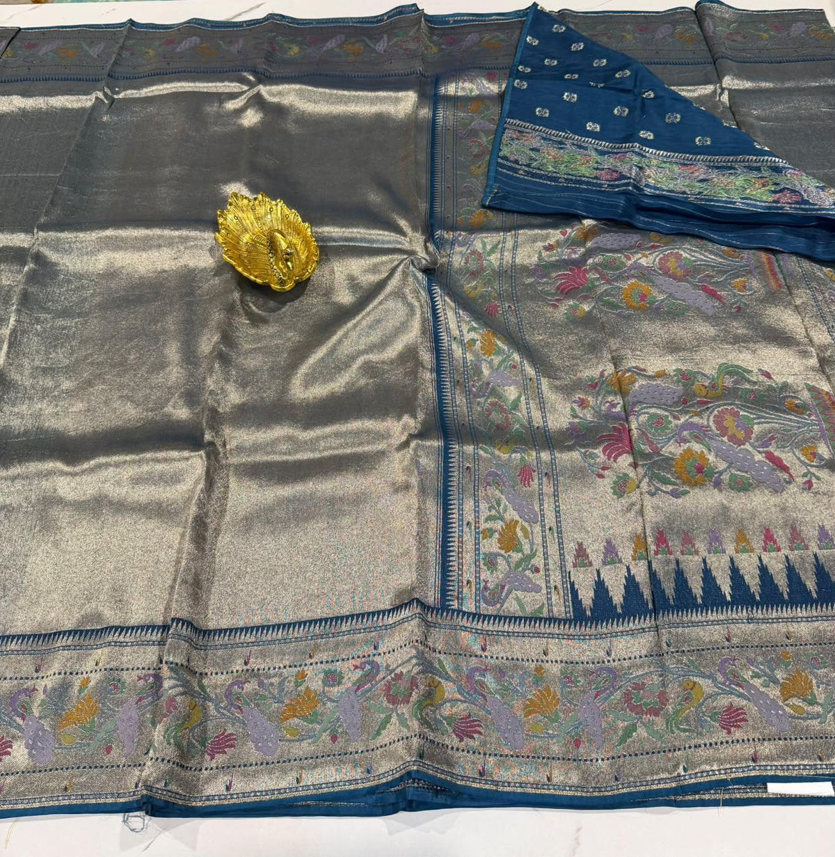 P-4650 peacock blue tissue paithani saree