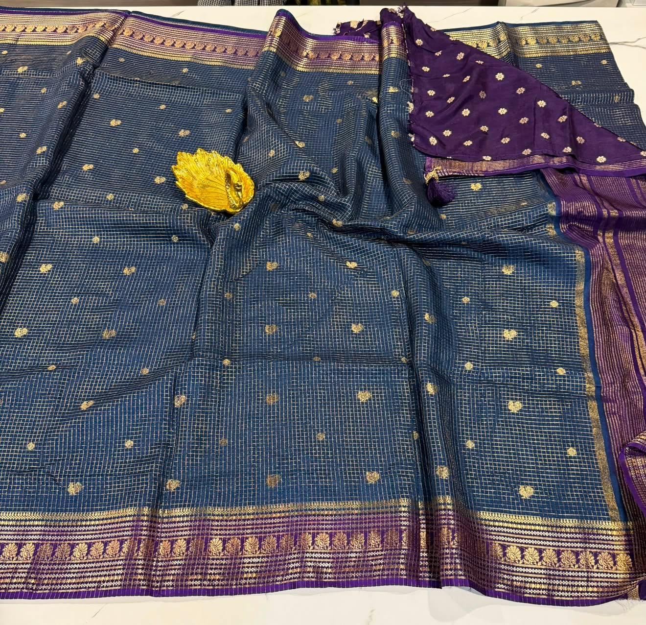 VKC2149 - Peacock blue with Violet small Brdr - Vintage Kanchi small checks sarees