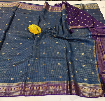 VKC2149 - Peacock blue with Violet small Brdr - Vintage Kanchi small checks sarees