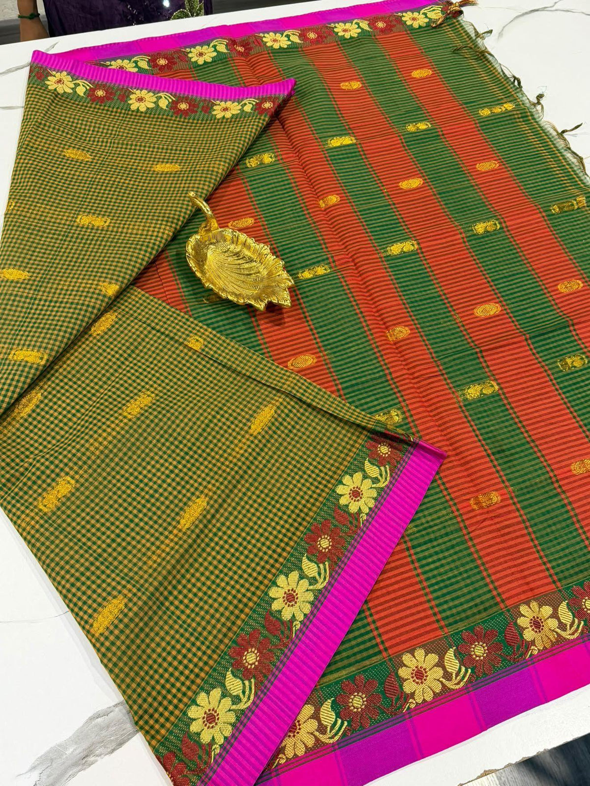 KC-950 Peach n Green checks kanchi cotton saree