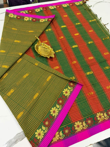 KC-950 Peach n Green checks kanchi cotton saree